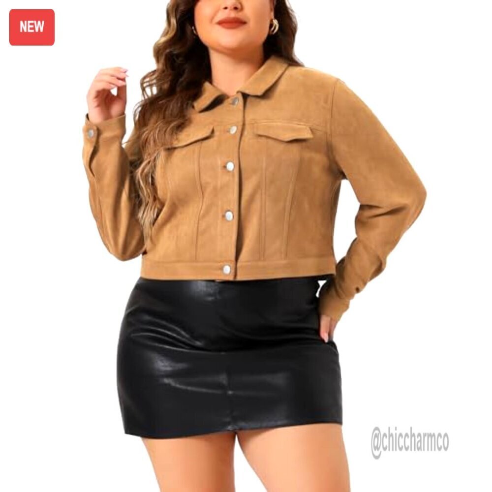 Plus Size Suede Moto Biker Jacket Cropped Faux Leather Casual - Picture 2 of 6